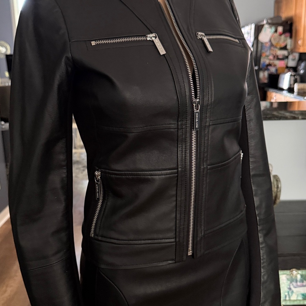 Michael Kors Black Leather Zip-Front Jacket - Picture 4 of 10